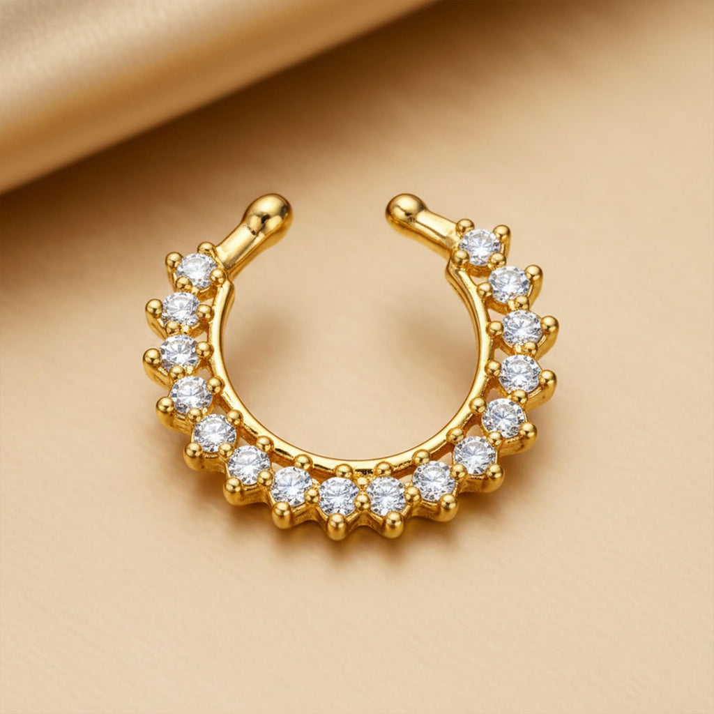VAMA FASHIONS 18K Gold Plated Anti Tarnish AD Stone Without Piercing Clip On Middle Septum Nose Ring Horsehole Shape Nosepin Lightweight Fake Hoop Nosering for Women & Girls (Without Piercing Nosering)