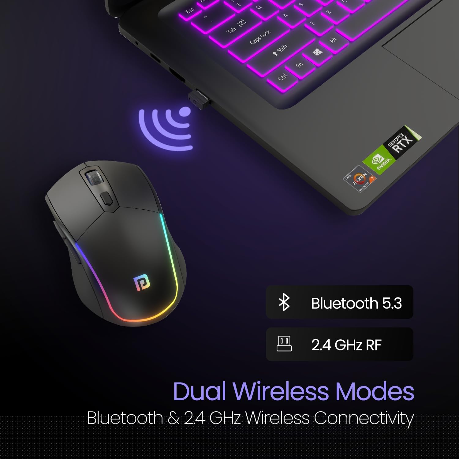 Portronics Toad One Bluetooth Mouse with 2.4 GHz & BT 5.3 Dual Wireless, 6 Buttons, Rechargeable, RGB Lights, Connect 3 Devices, Ergonomic Design for Laptop, Smartphone, Tablet (Black)