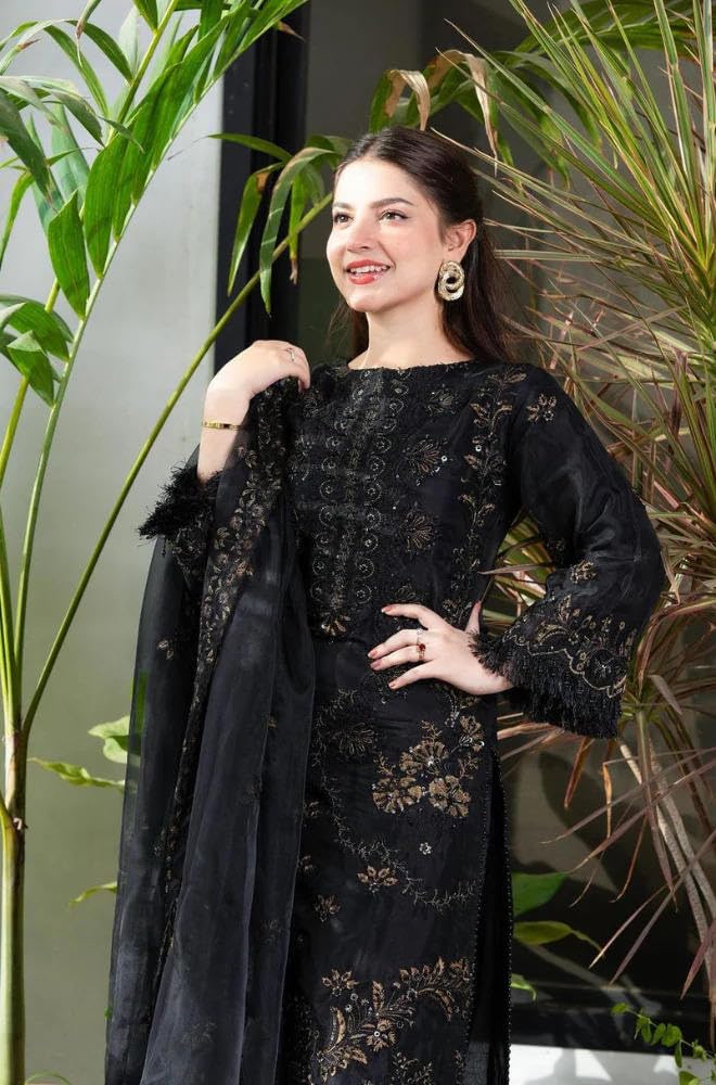 ROYALICA Women's Black Embroidered Pakistani Suit Set, 3-Piece Salwar Kameez with Dupatta,Georgette Straight (IN, Alpha, 2XL, Regular, Standard, black)