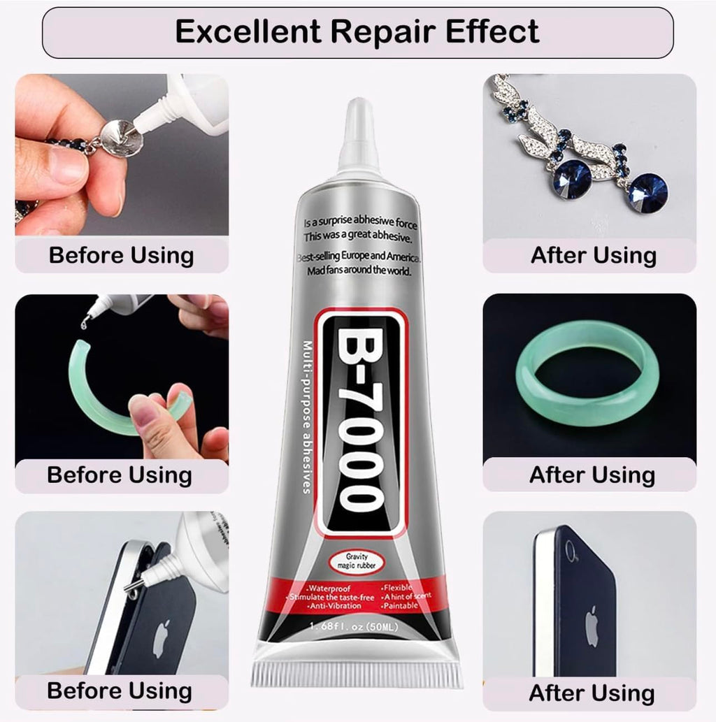 DEXURIES B7000 Multipurpose Adhesive Glue | Jewelry, Beads, Clothes, Shoes, Fabrics,Screen Repair, Metal, Stone, Glass, Mobile Phones,Artificial Crystal Crafts (50ML, 1.68fl oz/Pack of 2)