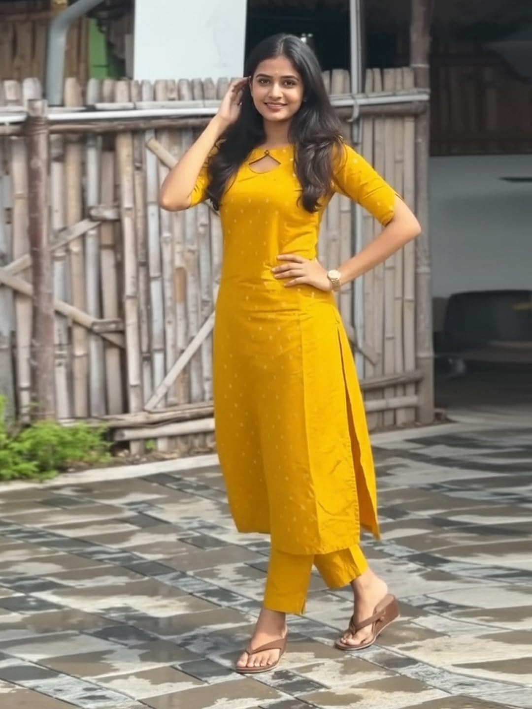 ANNI Designer Women's Viscose Straight Printed Kurta with Pant (Yoshini Yellow_M_Yellow_Medium)
