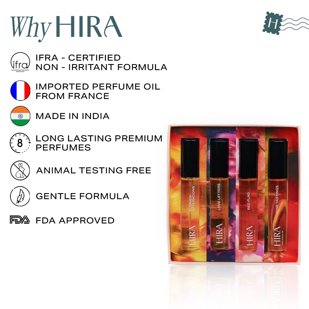 HIRA Discovery Gift Set for Women | 4 x 10 ml 8 Hours Long Lasting Luxury Premium Fragrances | Summer Afternoon, Wine Tastings, Love Letters, Red Flag | Gift for Wife, Girlfriend