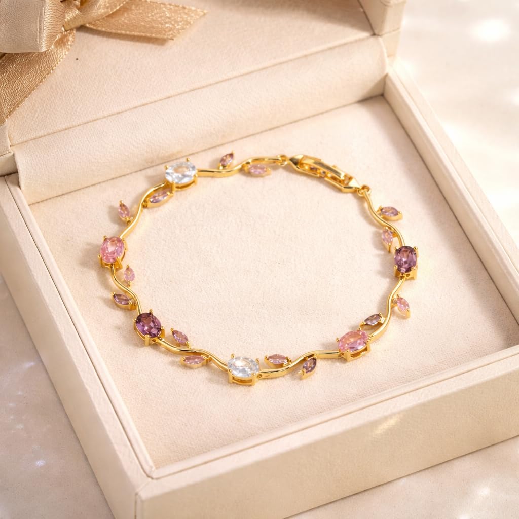 H&K Jewels Tulip Bracelet with Multicolour Oval and Marquise Cut Crystals, Elegant Floral Style|Purple&Pink Gemstones|Anti-Tarnish|Vine Korean Design|Gift for GF ands Wife
