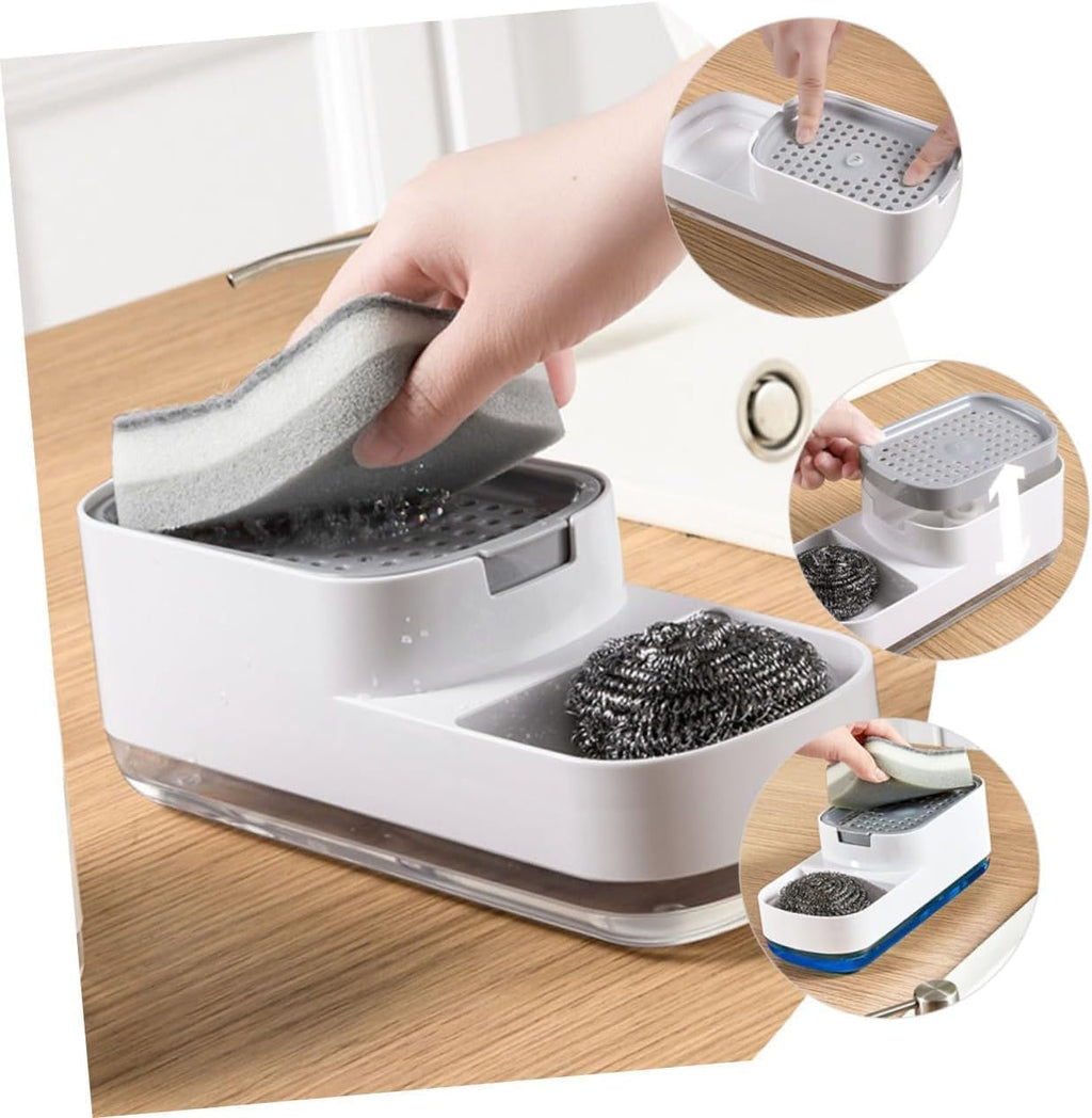 Xmart India 3-in-1 Kitchen Soap Dispenser with Sponge Holder & Hollow Tray Scratch Wire Dish Cloth for Sink & Wash Basin Durable Rustproof Plastic Dish Soap Dispenser Kitchen Accessories for Home