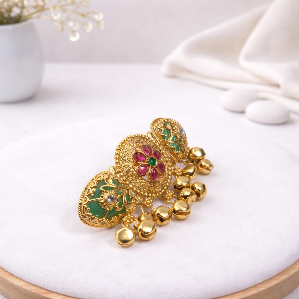 STREE STORE Gold Plated Antique Ring with Polki Diamond Floral Design for Women & Girls | Adjustable Traditional Ghunghru Green Stone Finger Ring