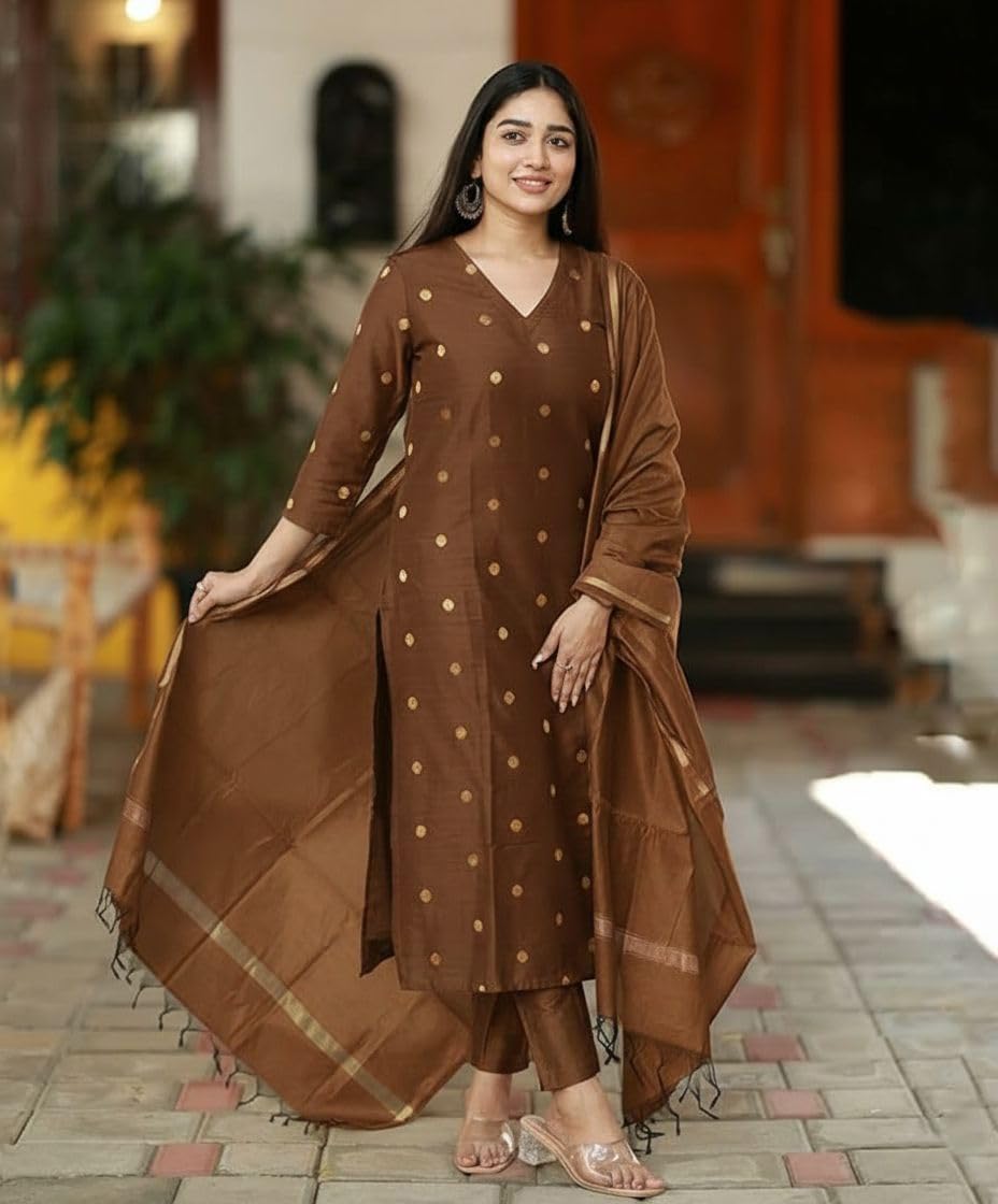 GoSriKi Women's Rayon Viscose Printed Straight Kurta with Pant & Dupatta (SDF BROWN-VKS01-GS_XXL_BROWN_XX-Large)