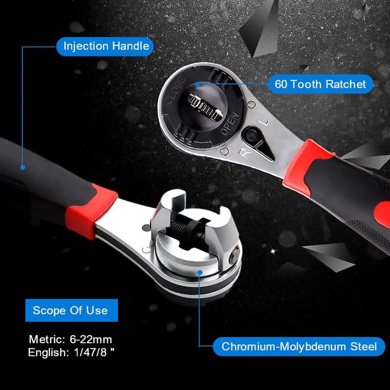 Homero Adjustable Ratchet Wrench 6-22mm Universal Spanner Tool | 60 Tooth Quick Ratchet Mechanism | Chrome Vanadium Steel Multi Size Wrench | Plumbing, Car Repair, Home Maintenance Hand Tool