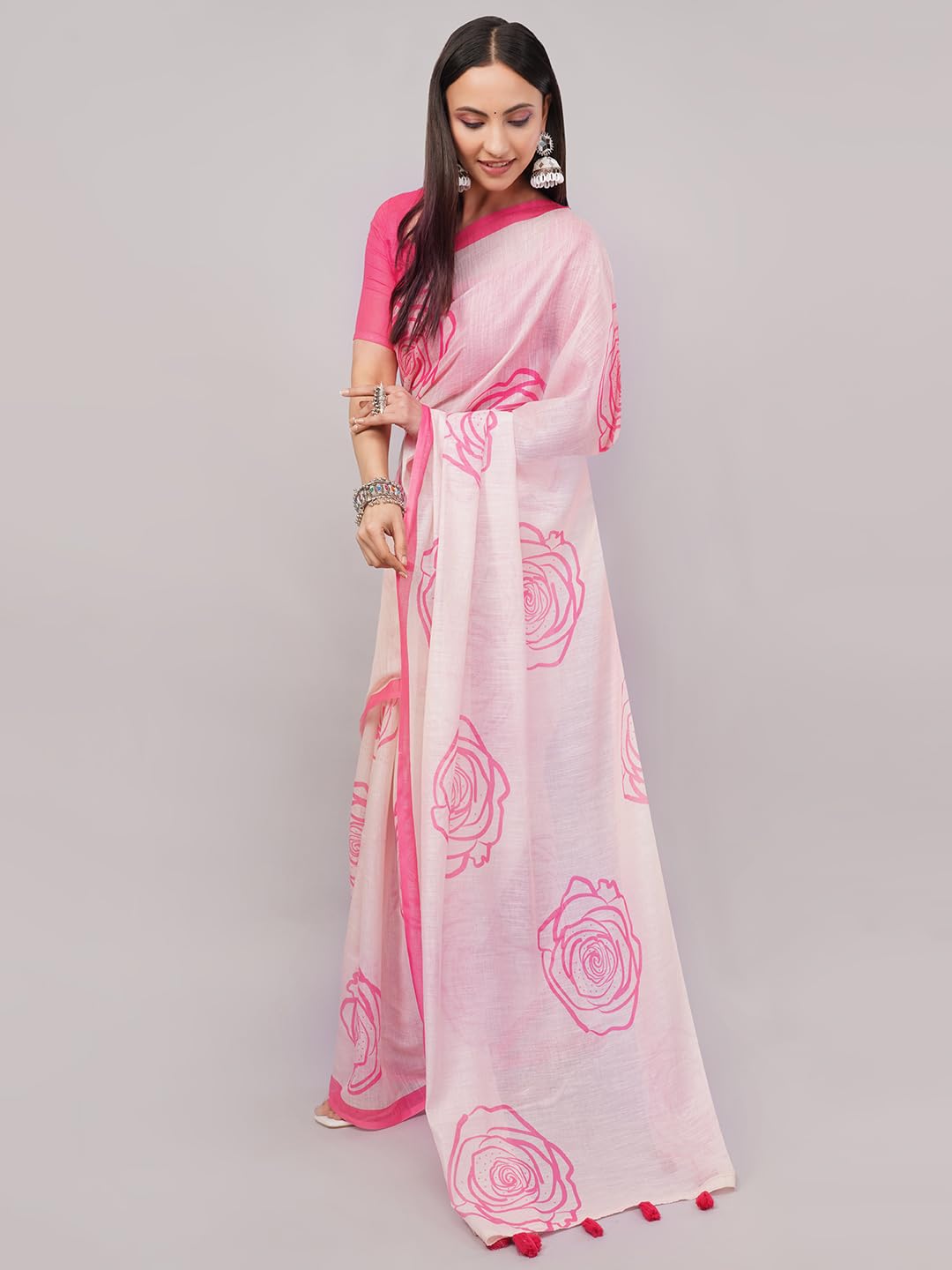 SAMANTHA Womens Peach Pink Large Rose Outline Print Linen Saree With Solid Unstitched Blouse Piece