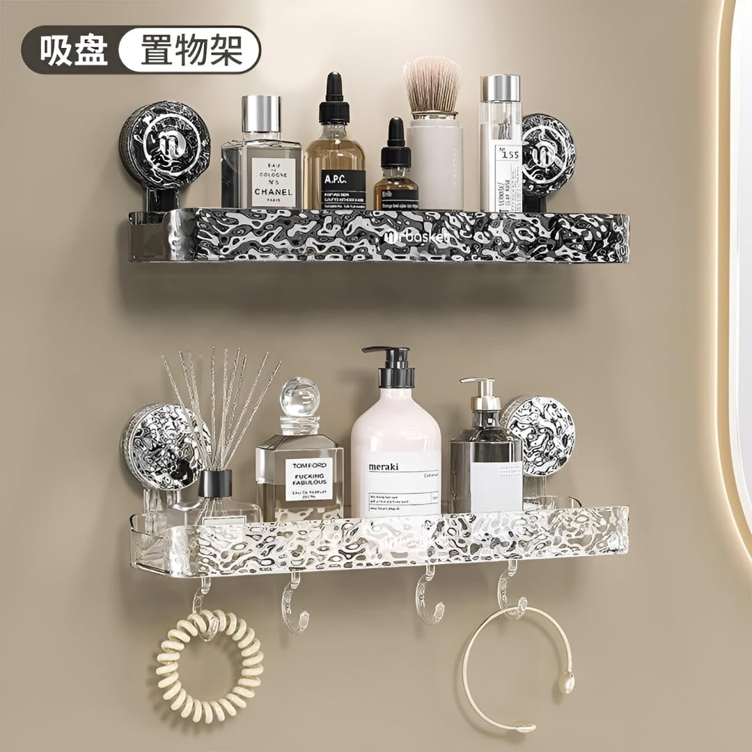 ZOCKRIX Wall Mounted Bathroom Storage Rack with Suction Cups – Double Shelf with Hooks – Transparent & Patterned Front Design (2)