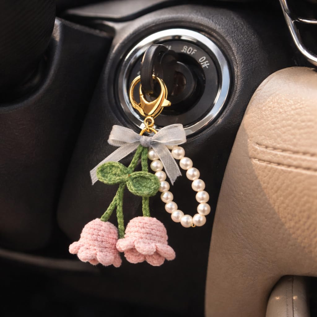 Handmade Crochet Cherry Keychain with Pearl Loop & Gold Clasp | Cute Pink Yarn Bag Charm for Girls & Women | Aesthetic Bike Key & School Bag Accessory