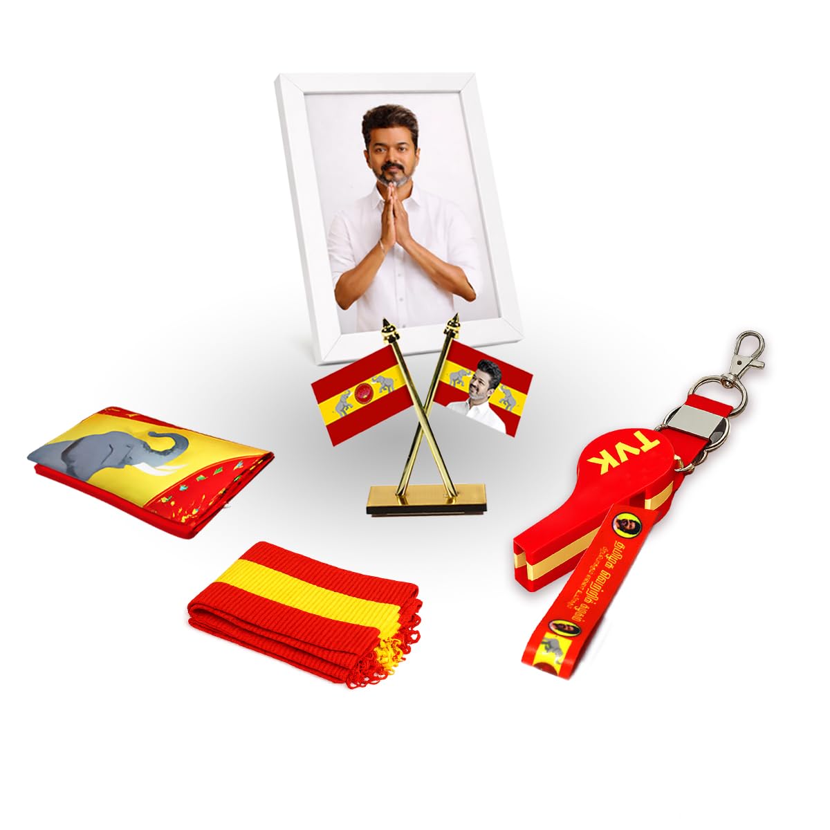 Vijay TVK Combo Kit - TVK Premium Kit with Vijay Photo Frame, Flag, Whistle Keychain, Muffler | Fan Merchandise Kit (White Frame Combo)