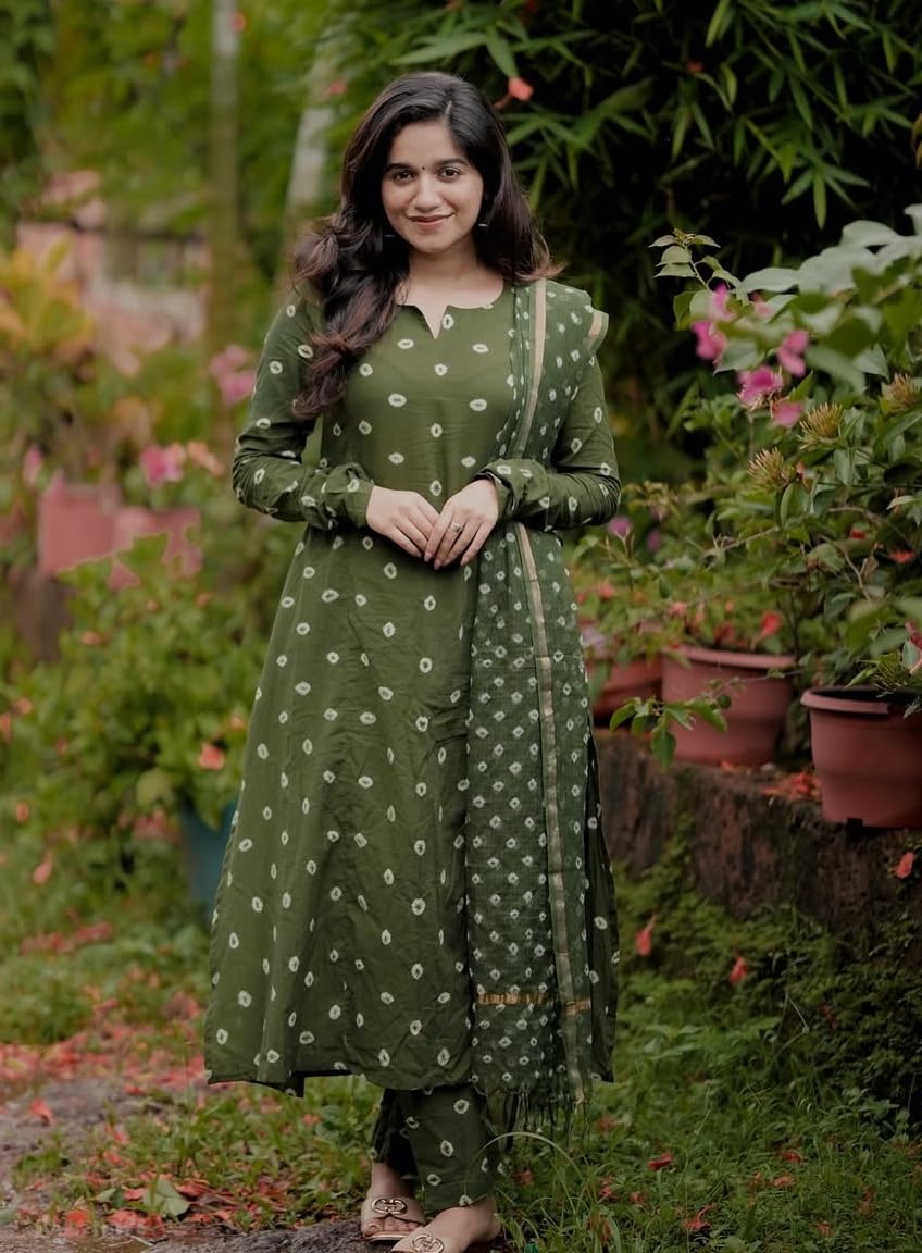 KLOSIA Women's Printed Anarkali Kurta and Pant with Dupatta Set (in, Alpha, L, Green)