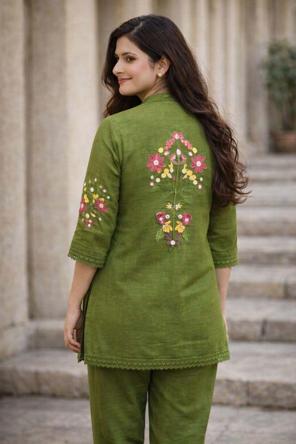 A2 Cloth Women's Pure Cotton Co-Ord Set, Green Kurta with Pant, Floral Embroidered 3/4 Sleeve, Stylish Pocket Design (in, Alpha, L)