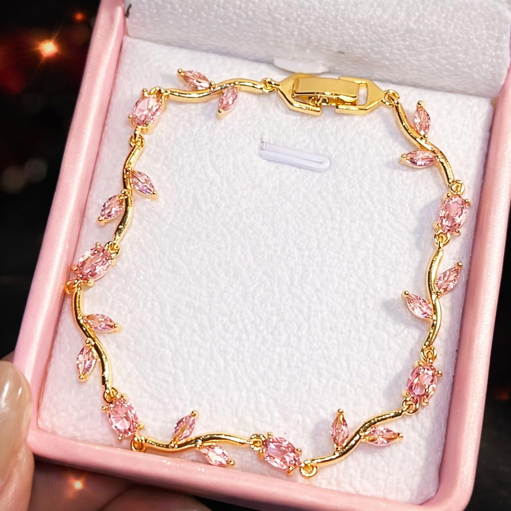 JIMOR Trendy Tulip Bracelet for Women | Gold Plated Pink Crystal Floral Bracelet | Elegant Minimalist Jewelry | Adjustable Chain Bracelet Gift for Girls Women | Stylish Party Daily Wear Accessory