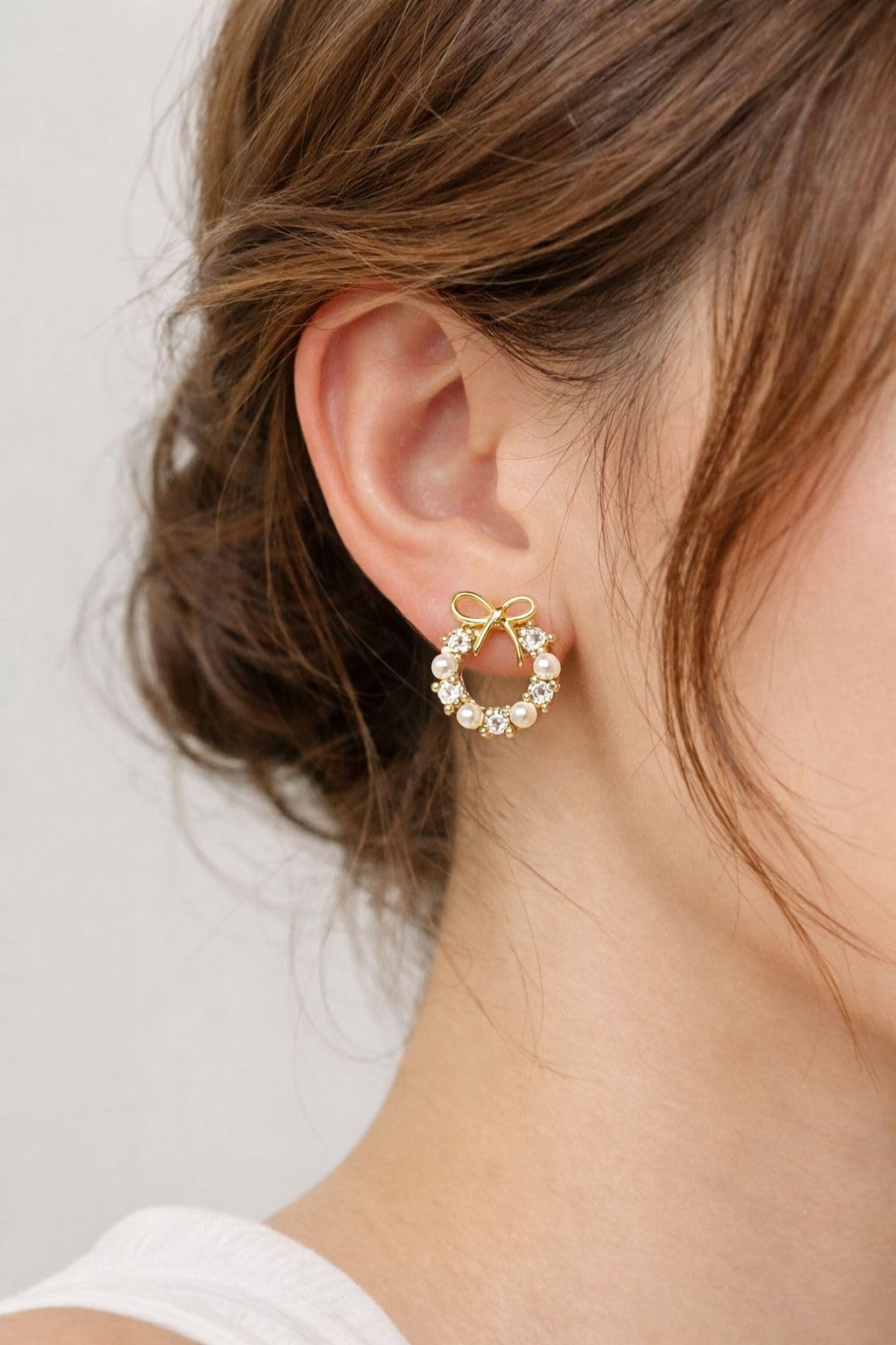 Korean Earrings Set of 3, Gold Tone, Pearl and Crystal Embellished, Heart and Bow Design, Stud Style