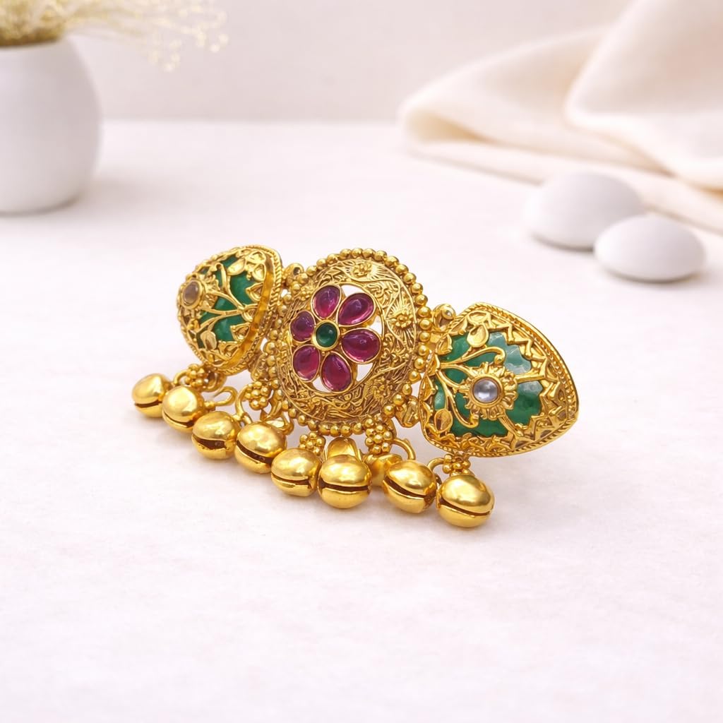 STREE STORE Gold Plated Antique Ring with Polki Diamond Floral Design for Women & Girls | Adjustable Traditional Ghunghru Green Stone Finger Ring