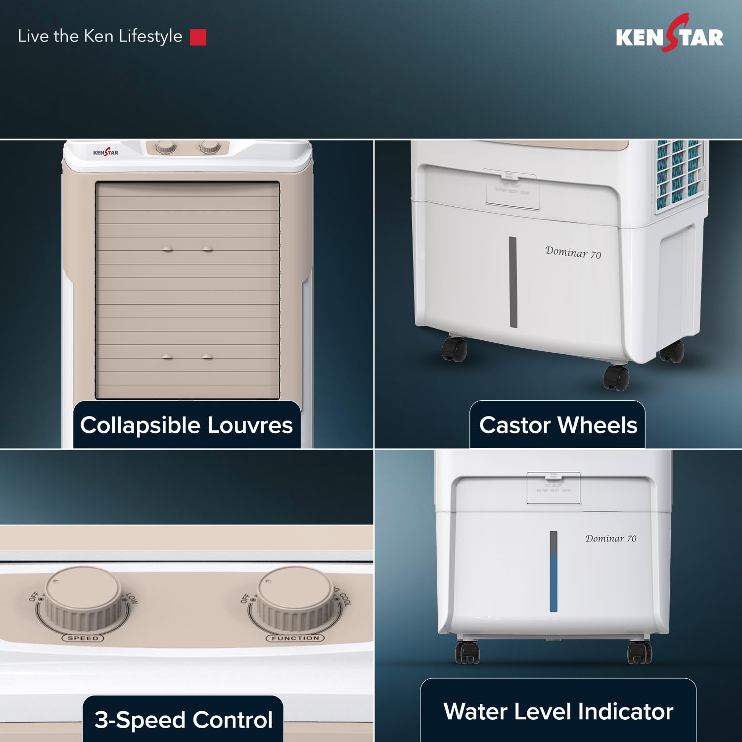 Kenstar Dominar HC 70 Desert Air Cooler|70L Tank|5-Star BEE Rated|5-Year Warranty on Pump & Motor|50 ft Air Throw|Honeycomb Cooling Pads|Ice Chamber|Water Level Indicator I 16-Inch Fan I White & beige