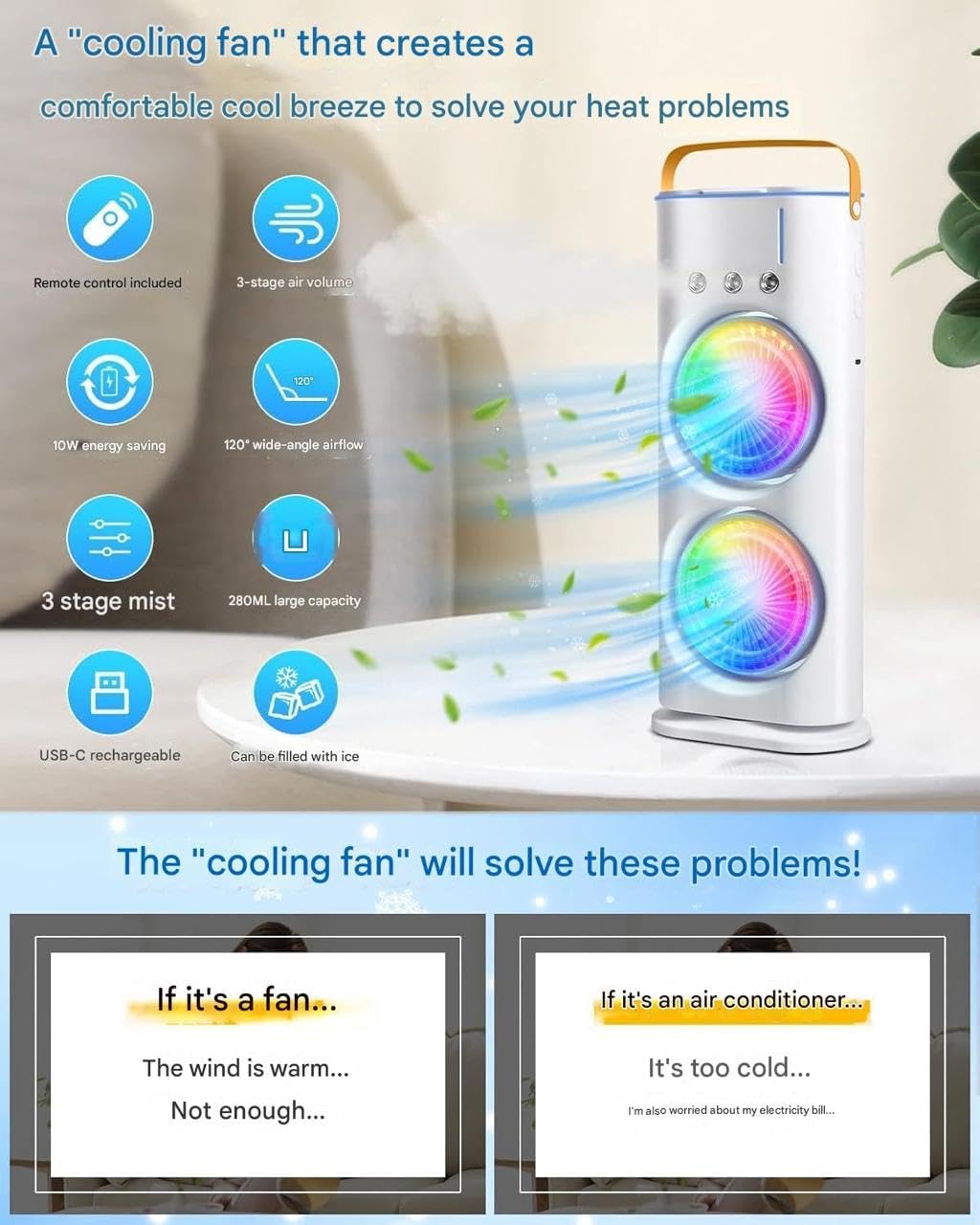 Mini Cooler For Double Ended Spray Fan Air Cooler Portable air CondItIoners For Home Office Arttic cooler 3 In 1 CndItIoner mini air Cooler Mini Cooler (M3)