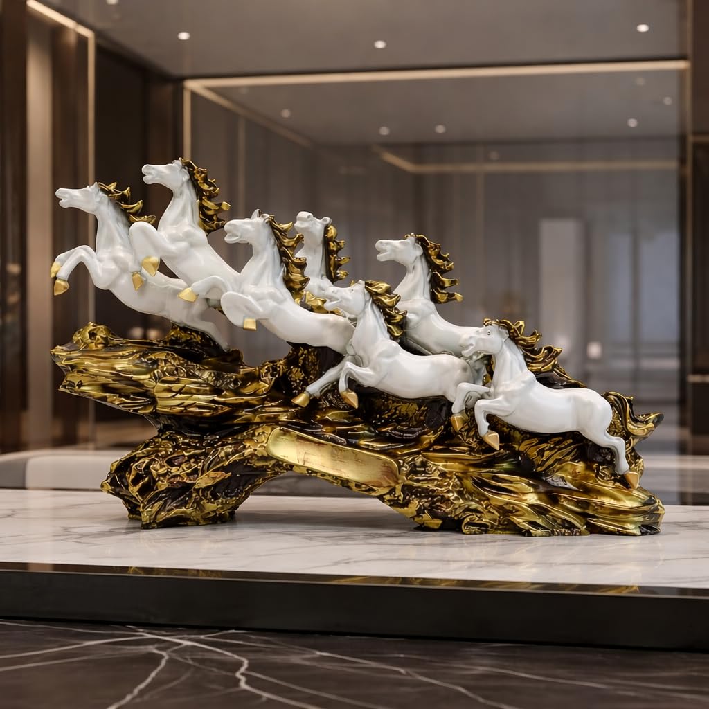 UAG EXPORTS PRIVATE LIMITED White 19 Inch Running 7 Victory Horses Resin Statue for Vastu and Feng Shui | Home Office Living Room Decor Showpiece