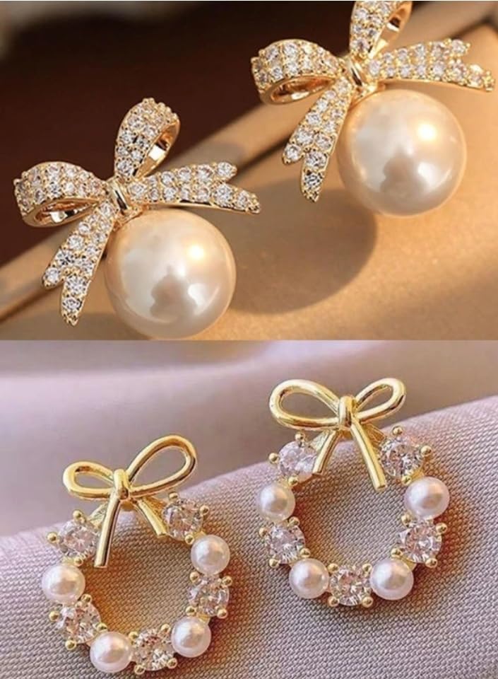 T TRENDY MART Korean Style Fashion Earrings Set, Pearl and Crystal Bow Design, Women's Jewellery Accessories, 2 Pairs