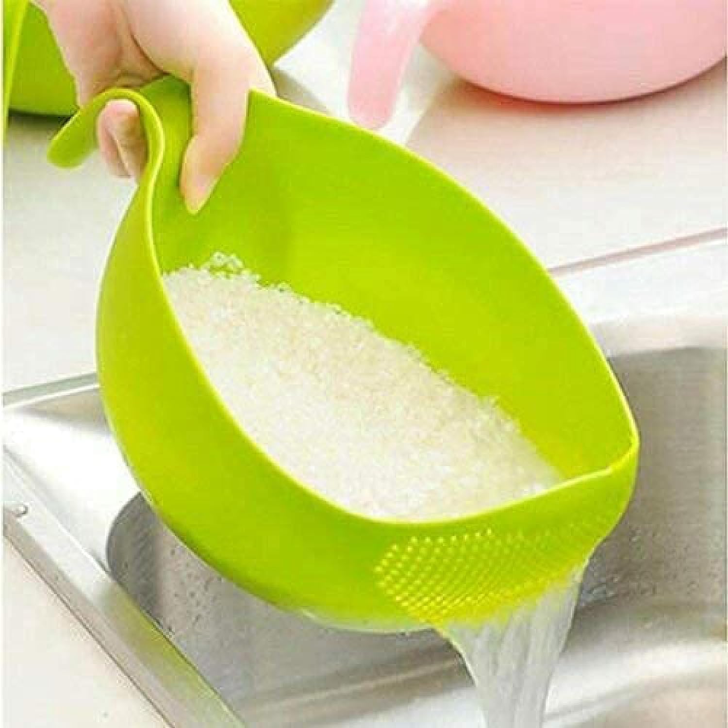 RICH MORE Plastic Rice Washing Bowl with Strainer, Green, 11x6x5 inch, Kitchen Colander with Handle