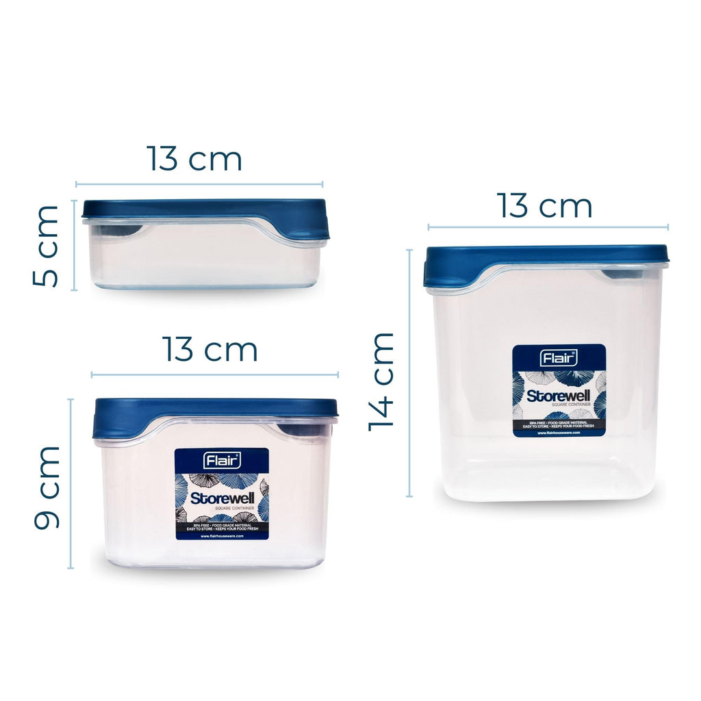 FLAIR Storewell Square Food Storage Containers Set of 3 (550 ML, 1150 ML, 1800 ML)- Blue, Air Tight Containers for Kitchen Storage Ideal kitchen box for Rice, Atta and Grains, BPA-Free, Food Grade