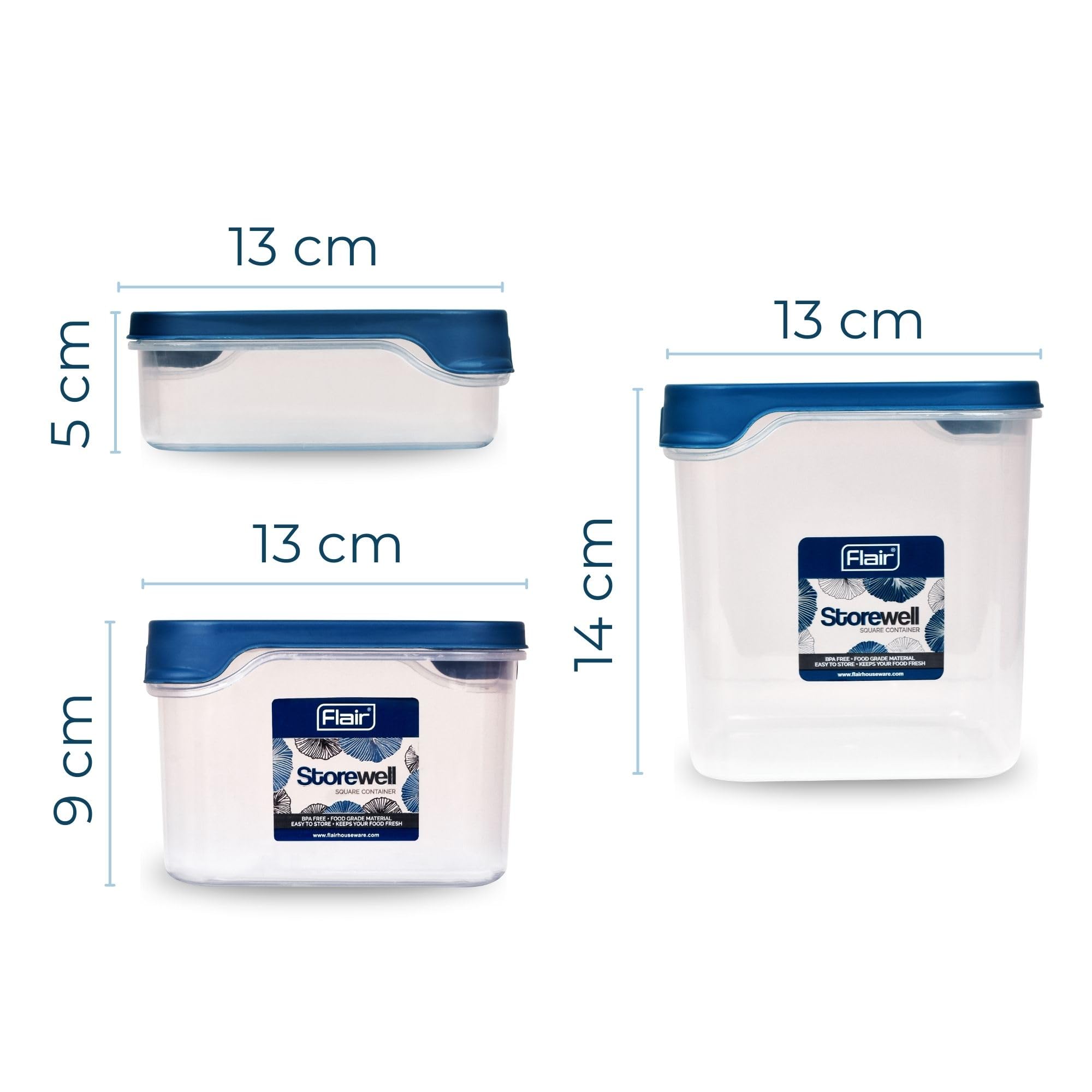 FLAIR Storewell Square Food Storage Containers Set of 3 (550 ML, 1150 ML, 1800 ML)- Blue, Air Tight Containers for Kitchen Storage Ideal kitchen box for Rice, Atta and Grains, BPA-Free, Food Grade