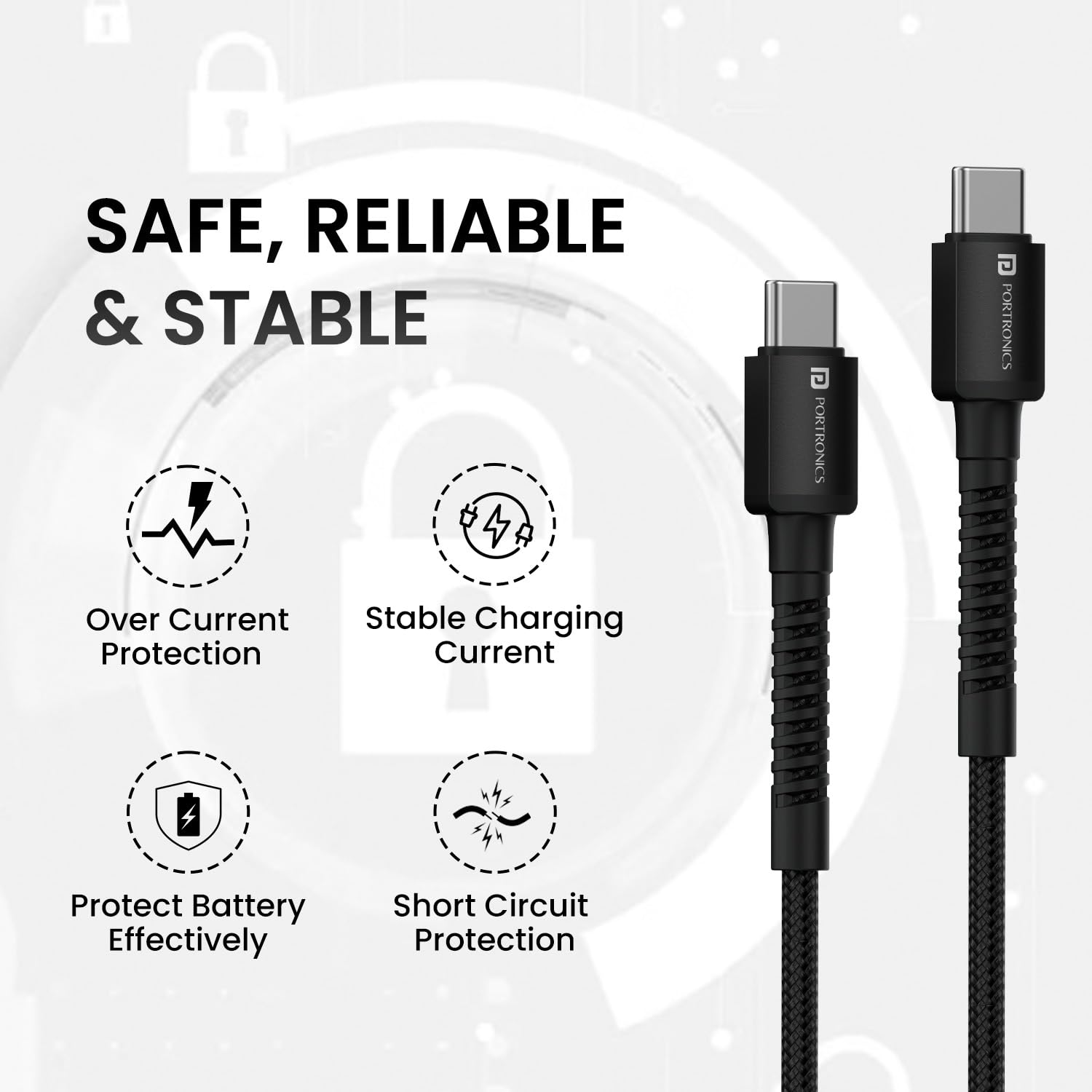 Portronics Konnect X 60W Unbreakable Nylon Braided Cable, 2M Fast Charging Cable For iPhone 15 Series, iPad, Samsung Galaxy (Black)