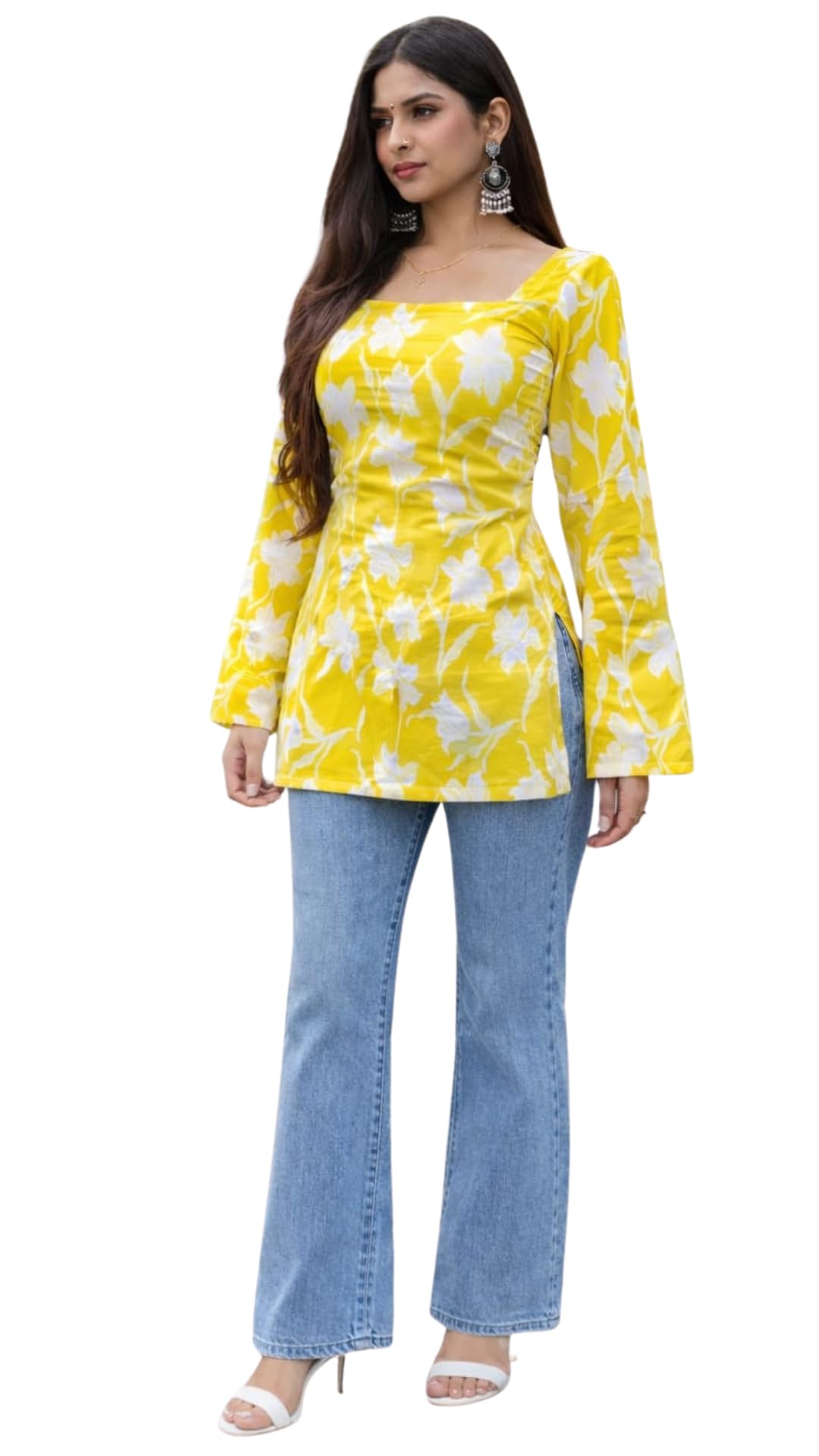 ALENJAN Rayon Floral Print Short Kurti for Women | Square Neck Long Sleeve Top for Women | Criss Cross Back Desing Kurti | Soft Breathable Fabric | Relaxed Fit | Casual and Office Wear | Mustard | M