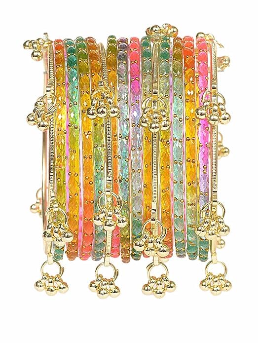 KAYASHA Light multi Kashmiri Ghangharoo Glass Bangle Set for Women| Light Weight Bangles | Traditional Transparent Fancy Glass Chudi Set for Wedding, Party| set of 16