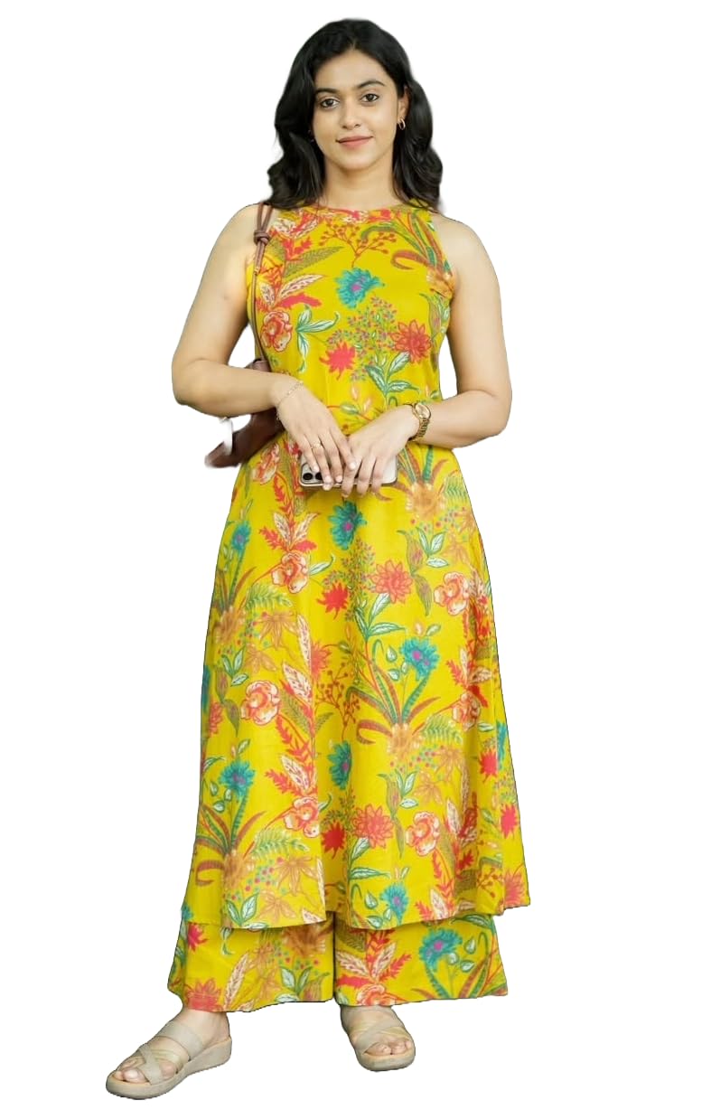 Klosia Women Pure Cotton Kurta Palazzo Set | Sleeveless Printed Kurta with Palazzo Pants | Summer Friendly, Office Wear Co-Ord Sets