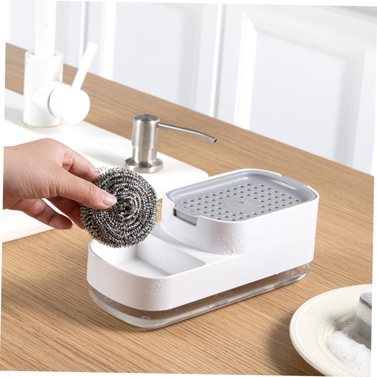 Xmart India 3-in-1 Kitchen Soap Dispenser with Sponge Holder & Hollow Tray Scratch Wire Dish Cloth for Sink & Wash Basin Durable Rustproof Plastic Dish Soap Dispenser Kitchen Accessories for Home