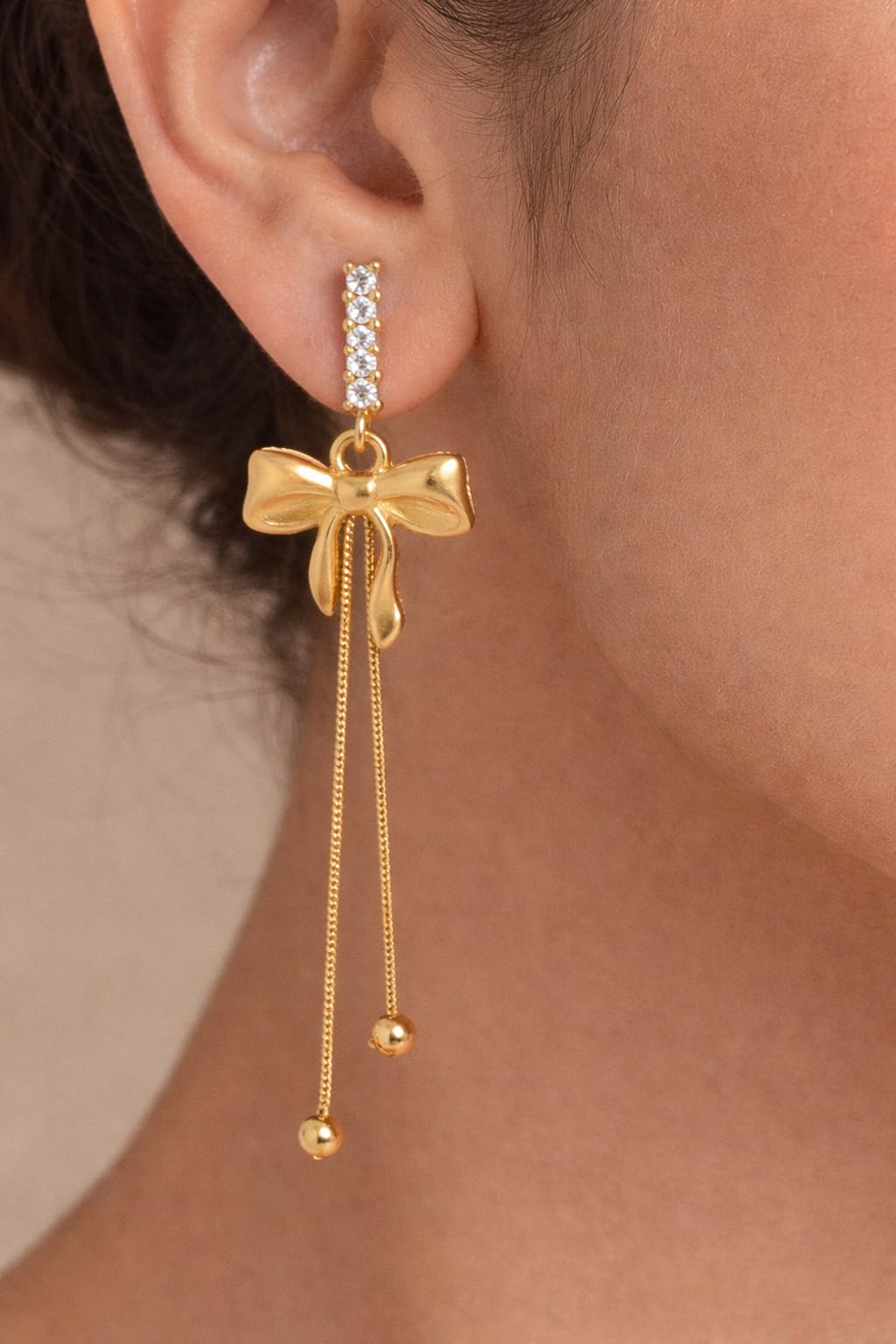 CALISTA Grace Bow Luxe Dangle Earrings for Women | Gold-Plated Bow Design Long Drop Earrings | Lightweight Anti-Tarnish Fashion Jewellery | Party, Festive & Gifting Wear