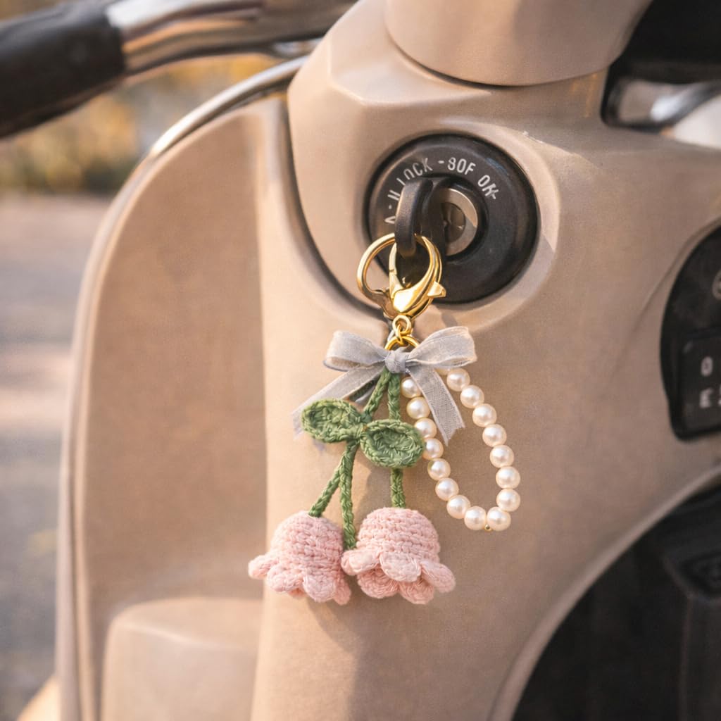 Handmade Crochet Cherry Keychain with Pearl Loop & Gold Clasp | Cute Pink Yarn Bag Charm for Girls & Women | Aesthetic Bike Key & School Bag Accessory