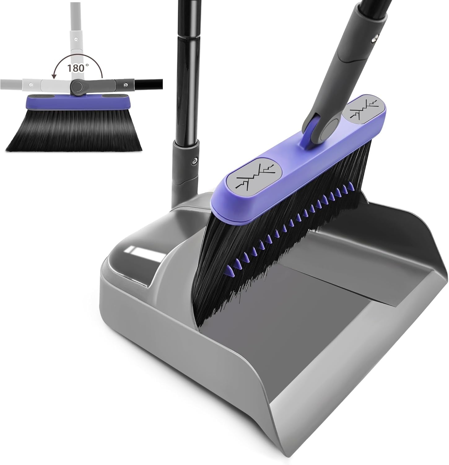 SELLWIZE Broom and Dustpan Set for Home, Long Adjustable Handle Broom with Stand Up Dustpan, 180 Degree Rotating Broom Head & Comb Teeth - Indoor Sweeping Combo for Kitchen Lobby Floor Office
