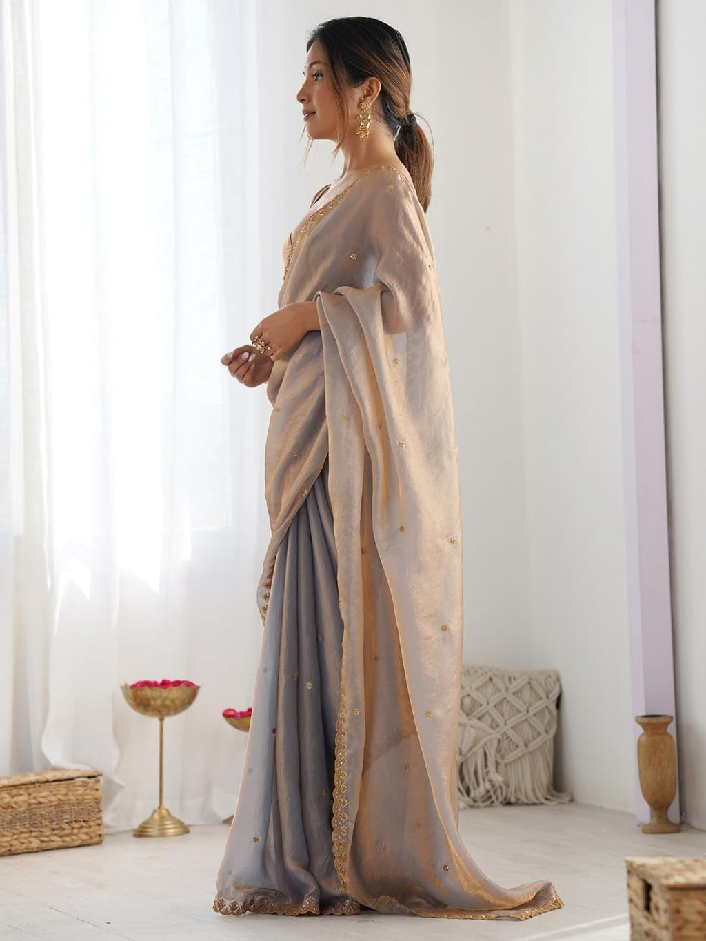 Priyashi Women's Grey Organza Satin Saree with Blouse Piece for Traditional Ethinic Wear Sari-(AZ-PY-OG2-RISHIKA GREY)