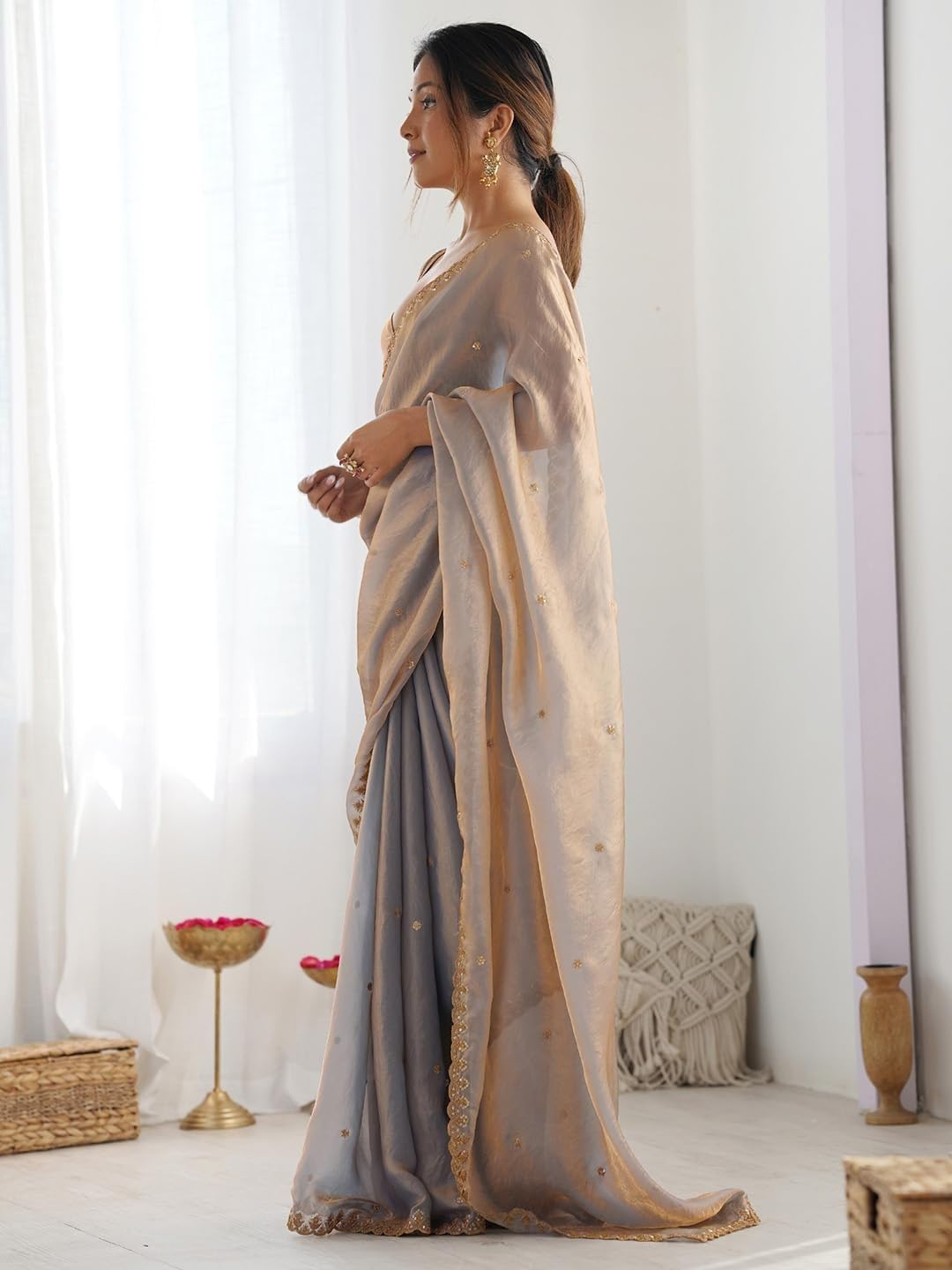 Priyashi Women's Grey Organza Satin Saree with Blouse Piece for Traditional Ethinic Wear Sari-(AZ-PY-OG2-RISHIKA GREY)