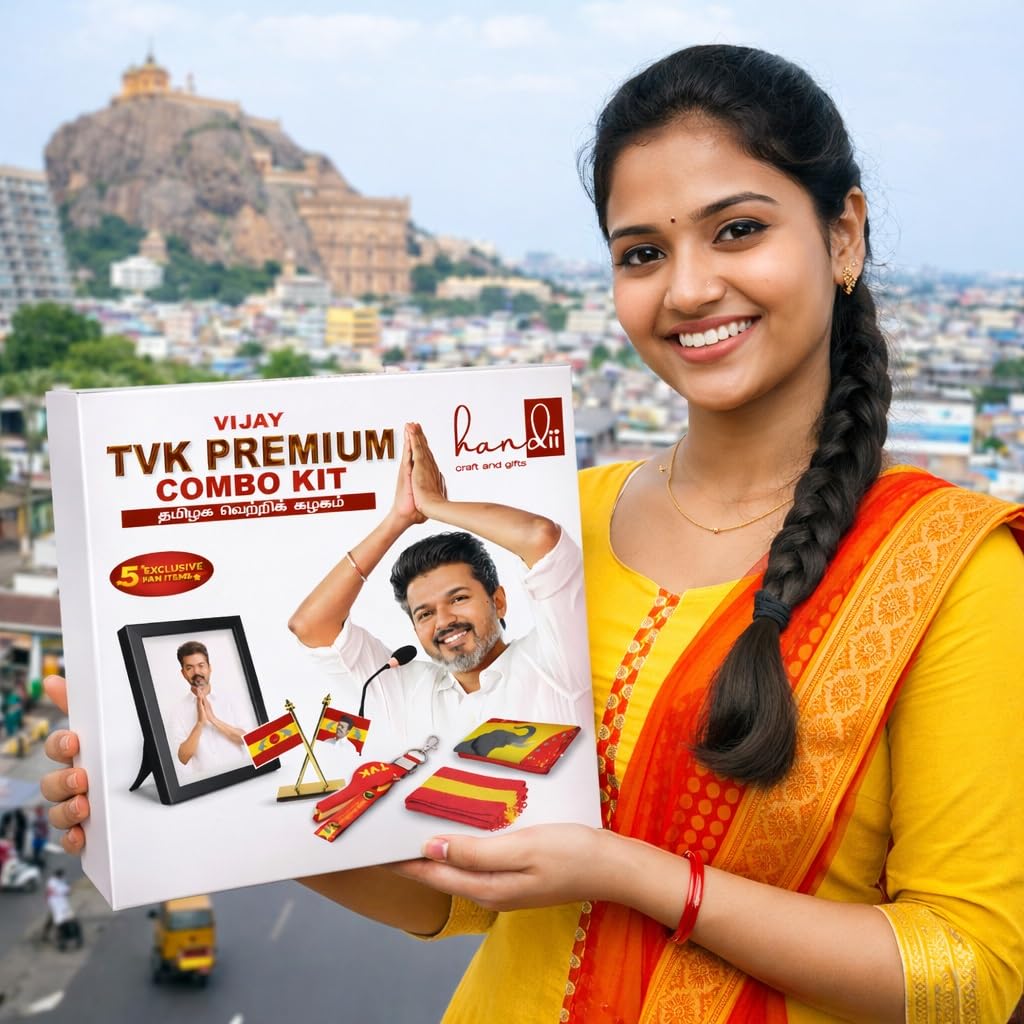Vijay TVK Combo Kit - TVK Premium Kit with Vijay Photo Frame, Flag, Whistle Keychain, Muffler | Fan Merchandise Kit (White Frame Combo)