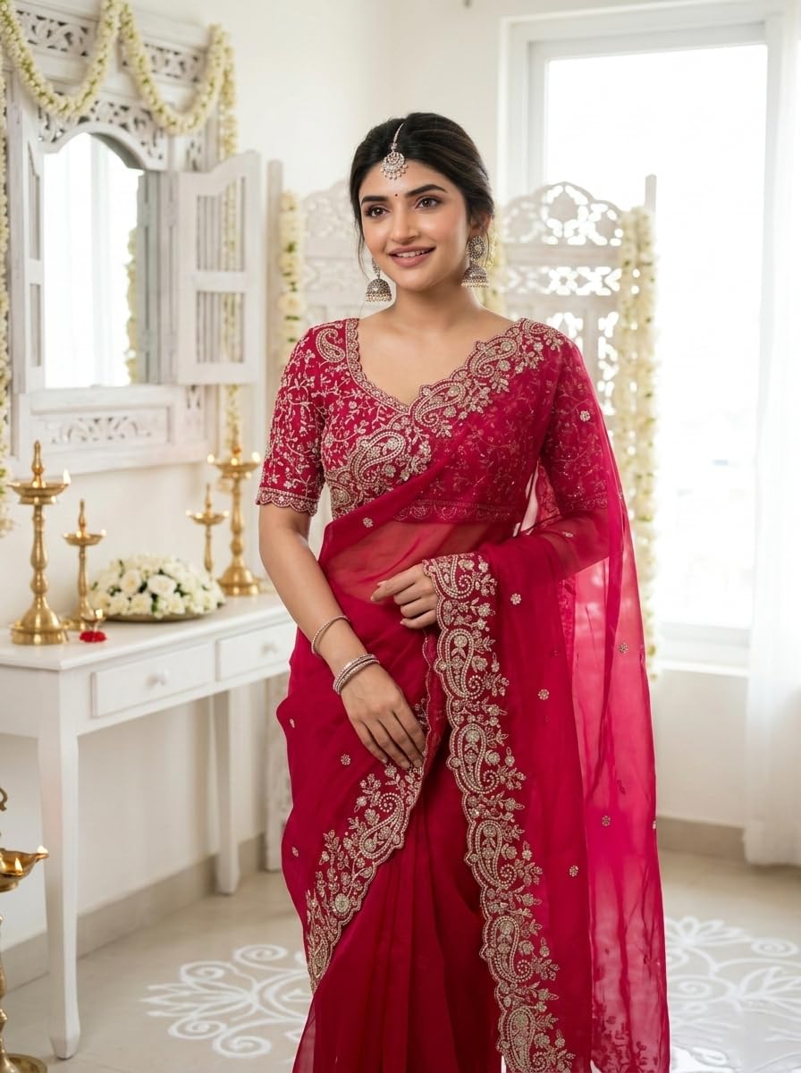 izkio Star Georgette Embroidered Saree, with Contrast Embroidered Blouse Piece, 5.5 m, Wedding Women Wear (Red)