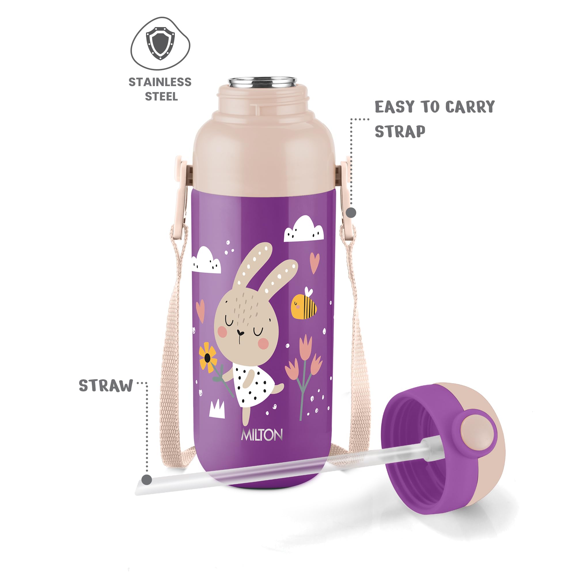 Milton Steel Indus 400 Thermoware PU Insulated, 390 ml Water Bottle with Straw for Kids, Leak Proof Flip Top Sipper Lid Bottle, School, Picnic, Easy to Carry Belt, Purple