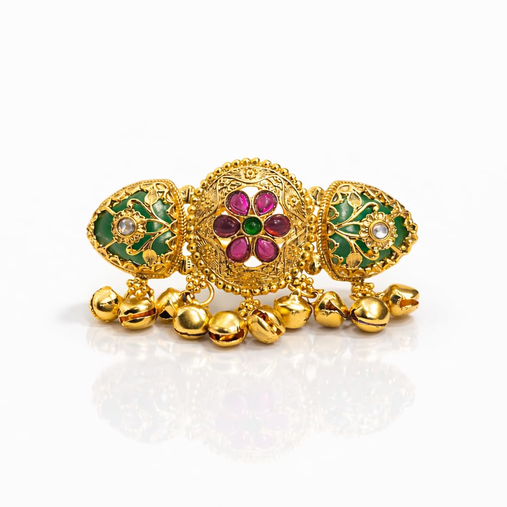 STREE STORE Gold Plated Antique Ring with Polki Diamond Floral Design for Women & Girls | Adjustable Traditional Ghunghru Green Stone Finger Ring