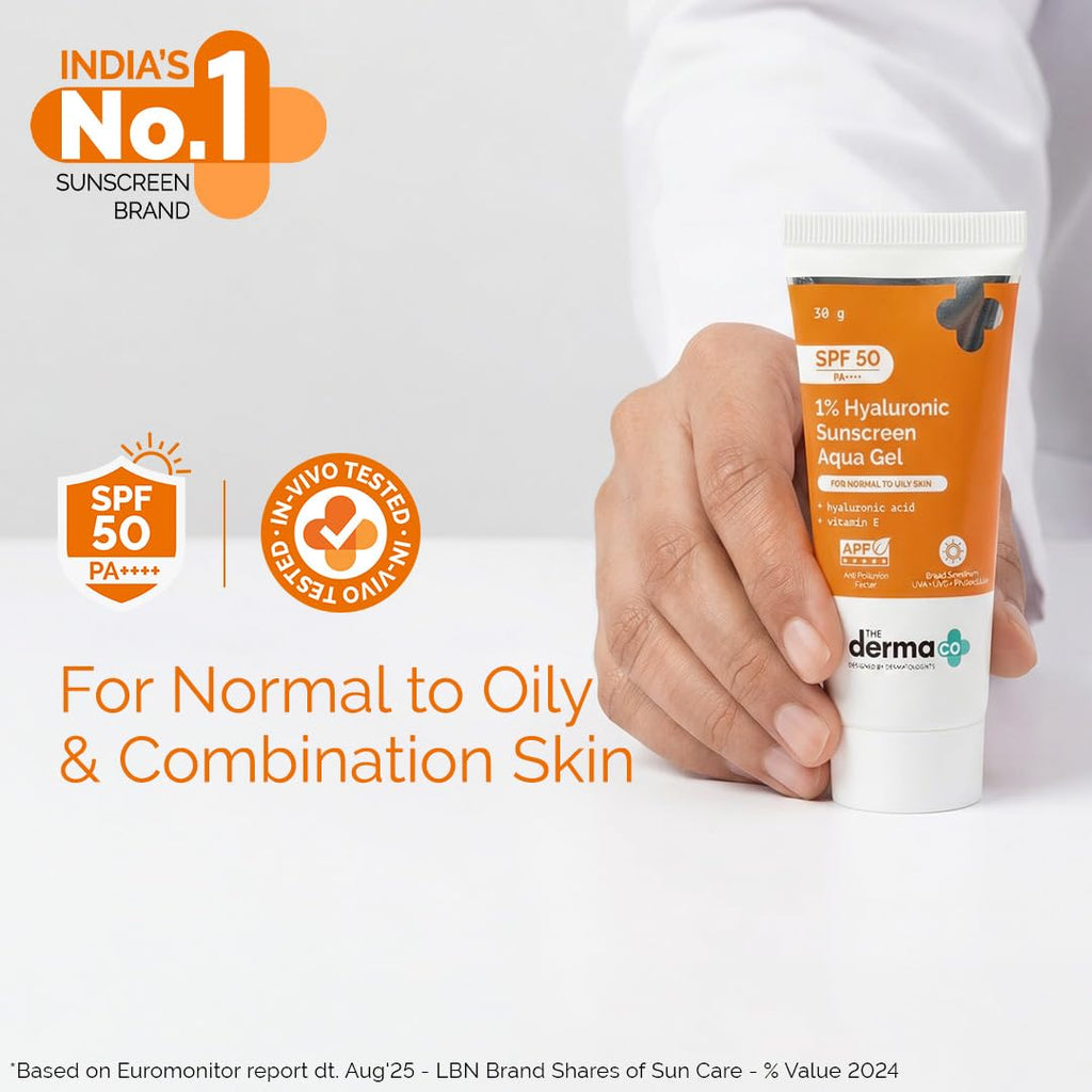 The Derma Co 1% Hyaluronic Sunscreen Aqua Gel SPF 50 PA++++ | Hydrating, Lightweight & Non-Greasy | No White Cast | Broad Spectrum & Blue Light Protection | Clinically Tested - (In-Vivo) | 30 g