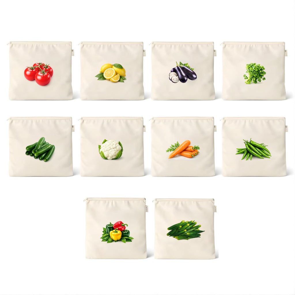 Preffers Reusable Cotton Vegetable Bag for Fridge | Washable & Breathable Ziplock bags for fridge | Plastic Free Storage Bags | 12x12 Inches | Pack of 10