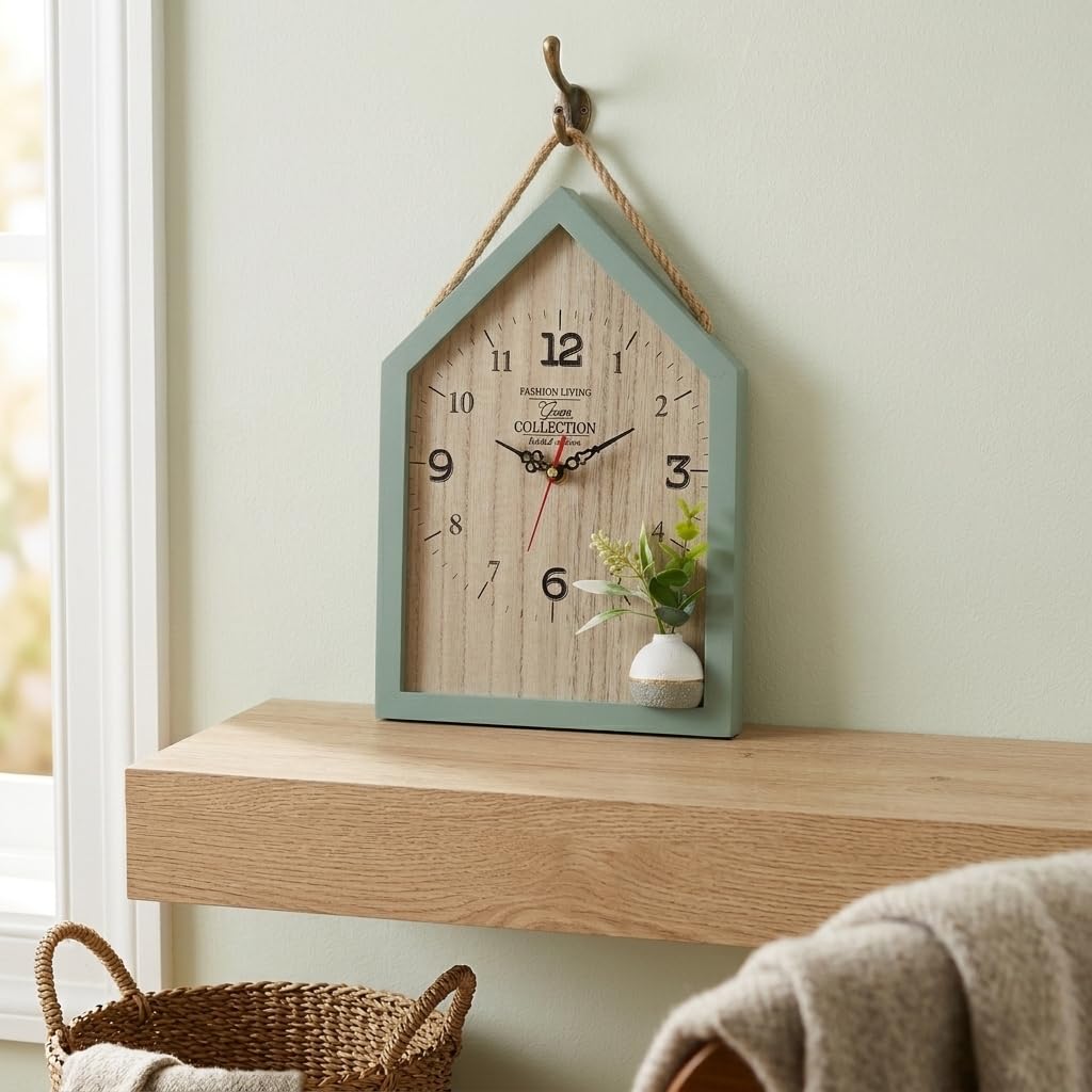 CraftVatika Wooden House Shape Wall Clock for Home Decoration | Decorative Analog Wall Clock with Mini Flower Vase | Modern Wooden Clock for Living Room Bedroom Office Interior