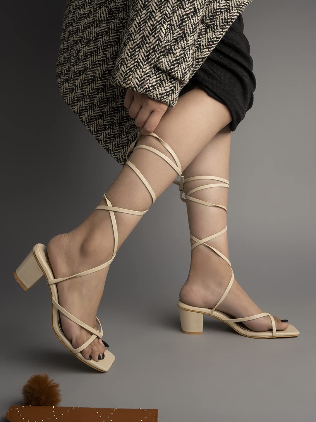 Shoetopia Elegant Cream Block Heel Sandals with Gladiator Detail | Chic Lace-Up Straps | Comfortable Summer Footwear for Women EU38