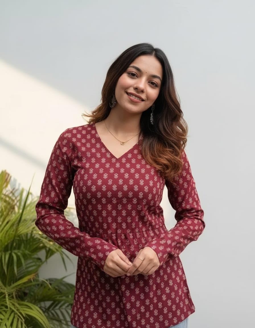 ANANT STORE Women's Rayon Floral Printed Full Sleeves V-Neck Short Kurti, Bell Sleeves, Short Kurti for Woman, Stylish Ethnic Top, Daily Casual Western & Office wear (in, Alpha, M, Maroon)