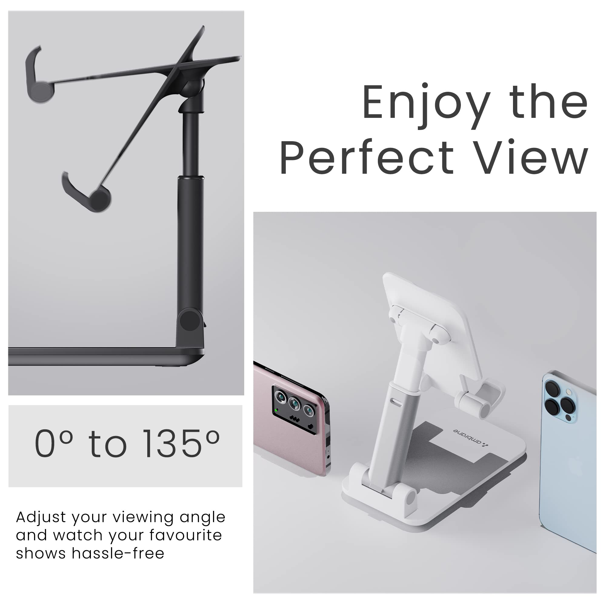 Ambrane Multipurpose Tabletop Mobile Stand | Adjustable Angle & Height| Universal Holder for iPhone, Samsung, OnePlus & All Smartphones | Portable, Anti-Skid | for Home, Office, Bed & Gifting (Black)