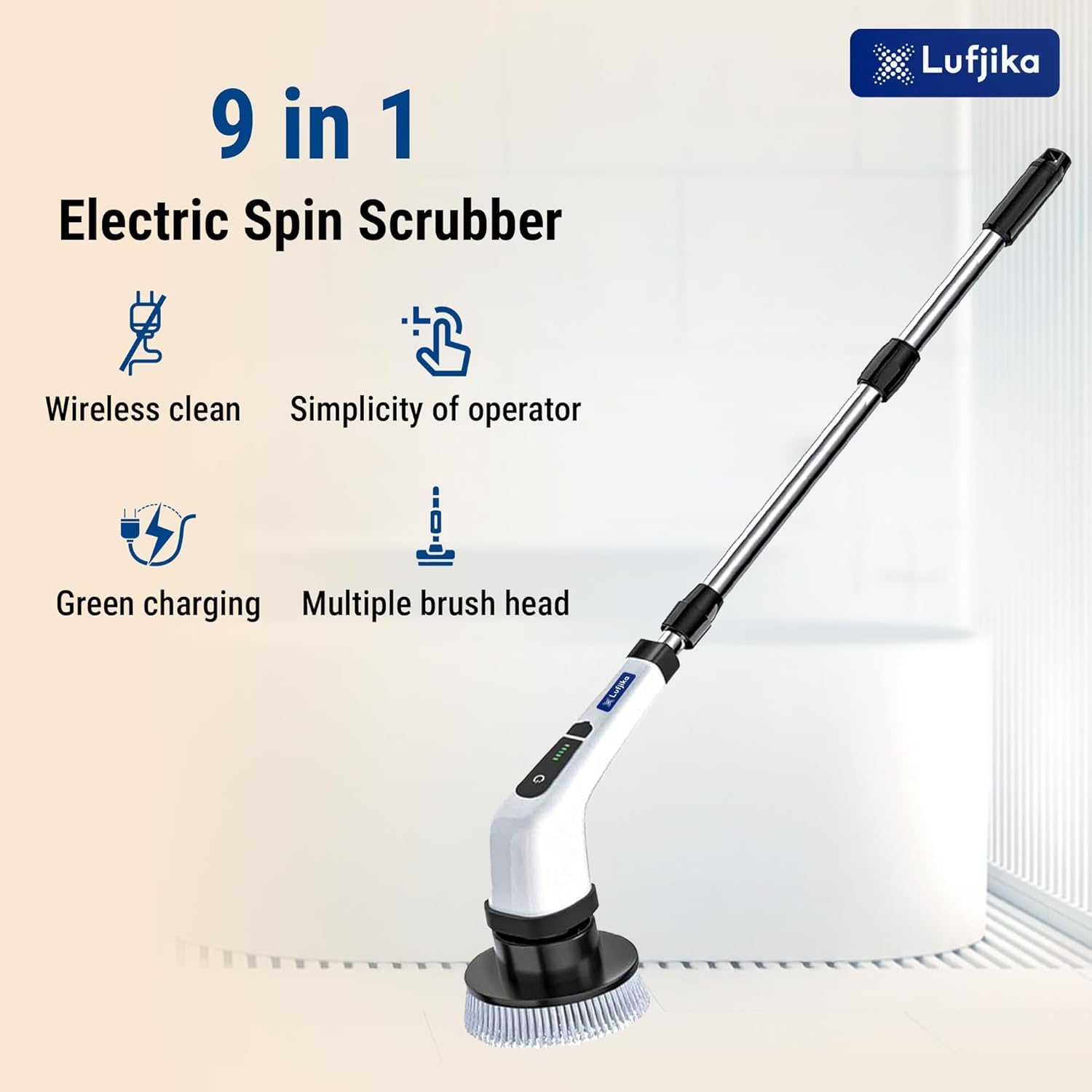Royal Electric Spin Scrubber, Cleaning Brush Scrubber for Home, 300RPM/Min, 8 Replaceable Brush Heads, 90 Min Work Time, 3 Adjustable Size, 2 Adjustable Speeds, for Bathroom, Floor Tiles (White)