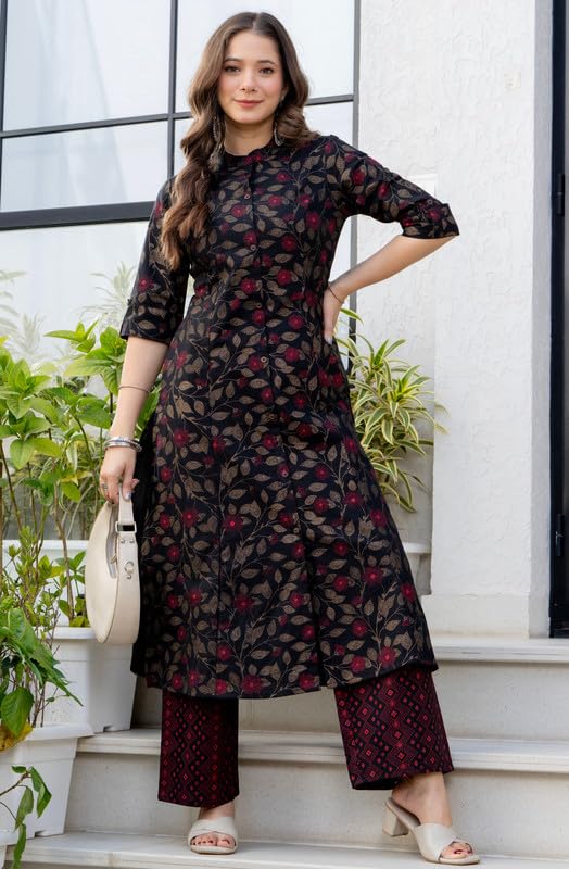 rytras Women's Pure Cotton Printed A-Line Kurta Set with Palazzo Pants|Ethnic wear|Kurta Set for Women(Black,RYT739,L)