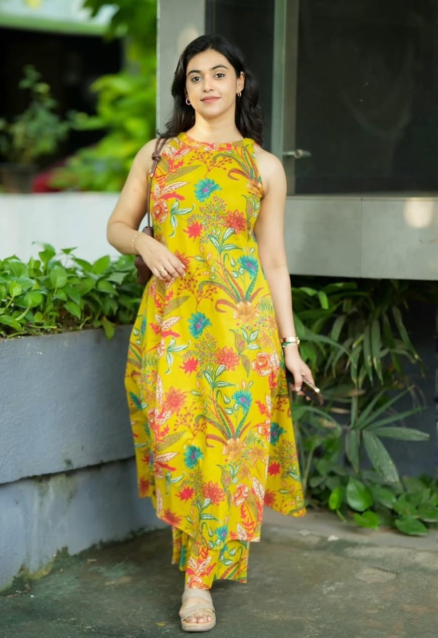 Klosia Women Pure Cotton Kurta Palazzo Set | Sleeveless Printed Kurta with Palazzo Pants | Summer Friendly, Office Wear Co-Ord Sets